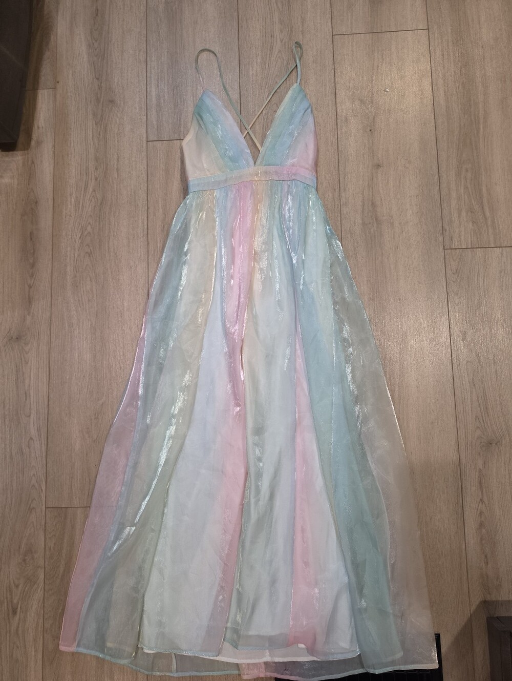 Baevly Small Pastel Rainbow Iridescent Organza Maxi Dress Fairycore